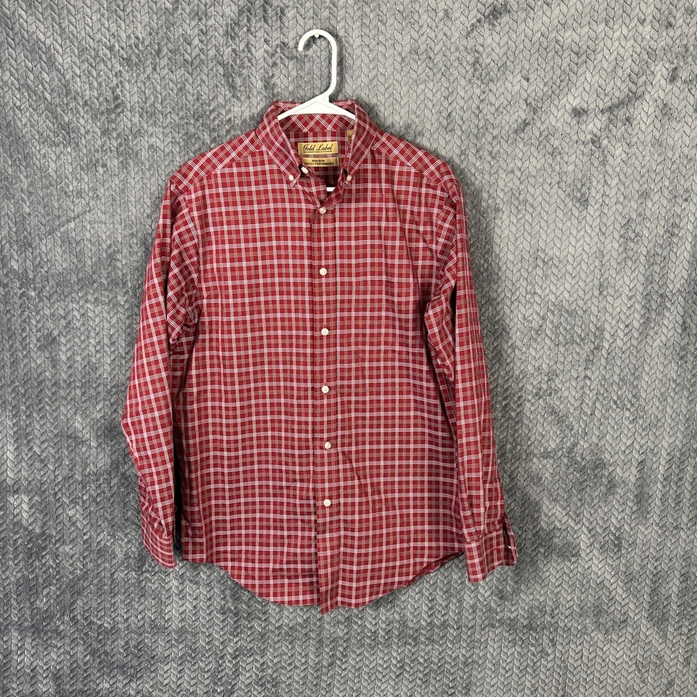 Gold Label Roundtree & Yorke Shirt Mens Small Red Plaid Non Iron Long Sleeve